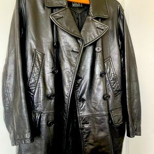 DKNY mens vintage pea coat, black leather, size small. Good condition. $70